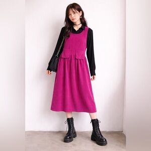 NEW Magenta Midi Corduroy Pinafore Dress jumper sleeveless soft grunge 90s alt